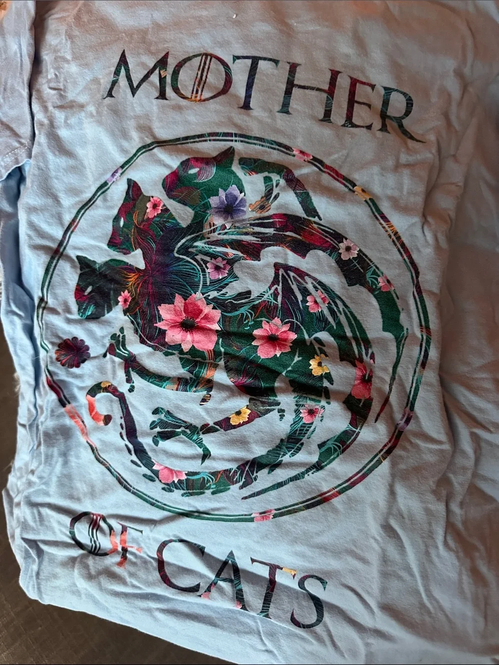 🫐 2/$25 SALE - GOT funny Mother of Cats Floral Graphic T-Shirt - Light Blue